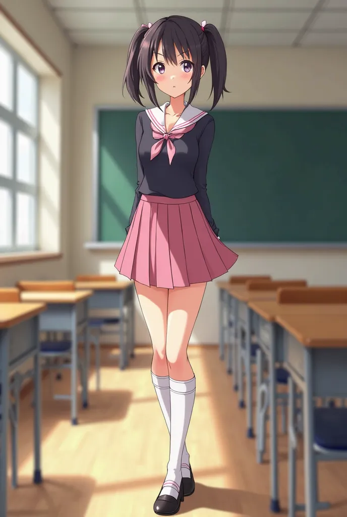 A young Asian student, elegant-looking , garden wearing a school uniform. She wears a short pink pleated skirt, long socks that reach above the knee in white and high heels in black. Her hair is well styled with pigtails, and has a confident and relaxed ex...