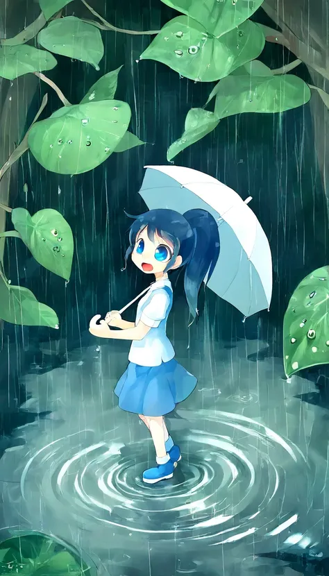 A delightful scene unfolds: a sweet young girl, no more than , stands under an umbrella, her bright blue eyes sparkling with excitement. The rain pours down, creating tiny ripples on the puddles surrounding her. She twirls the umbrella's handle, her ponyta...