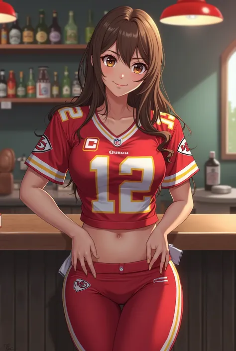 (Anime:1.2), beautiful woman, brown straight, hair, brown eyes, C-cup breasts, athletic ass, BREAK, Kansas City Chiefs Jersey, Kansas City Chiefs tight yoga pants, BREAK, Bar of Philadelphia Eagles Fans