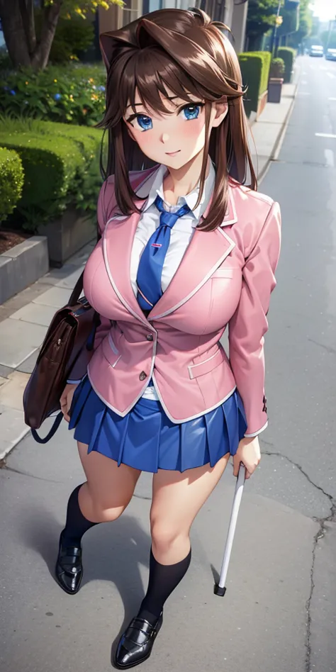      1 female,    High Definition,    dementia ,          ultra-realistic          ,8K, aamazaki, ( capillary antenna    :1.2),  blue tie,blue eyes, (     pink jacket), blazer,     Long Sleeve Leather   , blue skirt,      Skinny skirt     ,      miniskirt,...