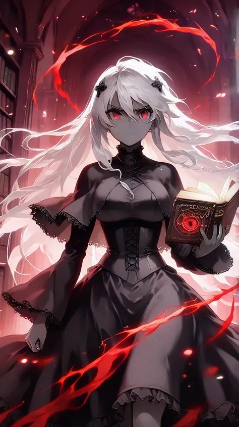 An HD scene of a female drow with dark-gray skin, with long white flowing hair and red eyes, wearing a black dress with red details, holding an old book, surrounded by sparks of dark magic and floating old books, epic anime art style, high detail, high qua...