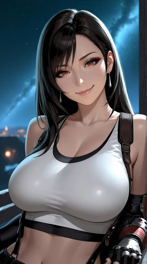 Tifa Lockhart, Final Fantasy VII, medium shot, medium depth of field, rule of thirds, detailed eyes, red eyes, smokey eyeshadow, black eyeshadow, cat eyeshadow, black eyeliner, long lashes, black hair, long hair, crop-top:1.8, large breasts, black fingerle...