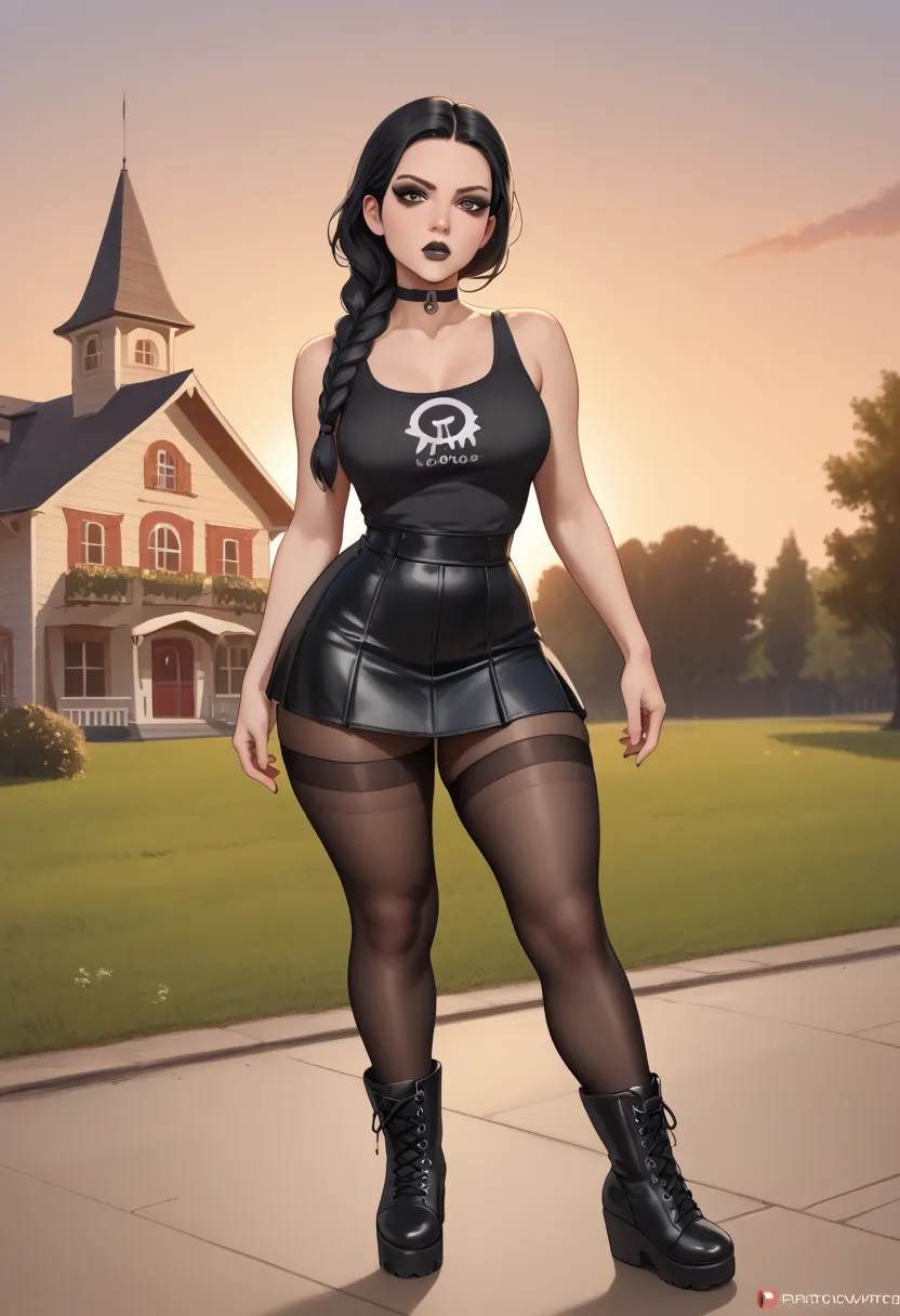 ((ultra quality)), ((tmasterpiece)), goth girl, ((long black hair braided into one braid), ((there are piercings and rings in the ears)), Beautiful cute face, beautiful female lips, ((dark makeup)), charming beauty, ((embarrassed expression)), is looking a...