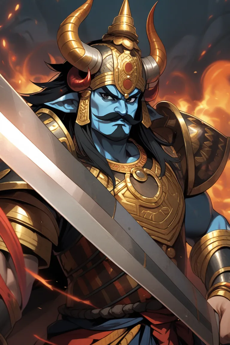 devil, man, high, strong, blue skin, Horns,  black eyes, has a mustache,  with black hair ,  wears Indian armor , Wear a Hindu helmet, Use sword and shield.