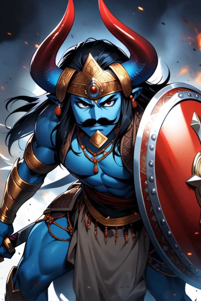 devil, man, high, strong, blue skin, Horns,  black eyes, has a mustache,  with black hair ,  wears Indian armor , Wear a Hindu helmet, Use sword and shield.