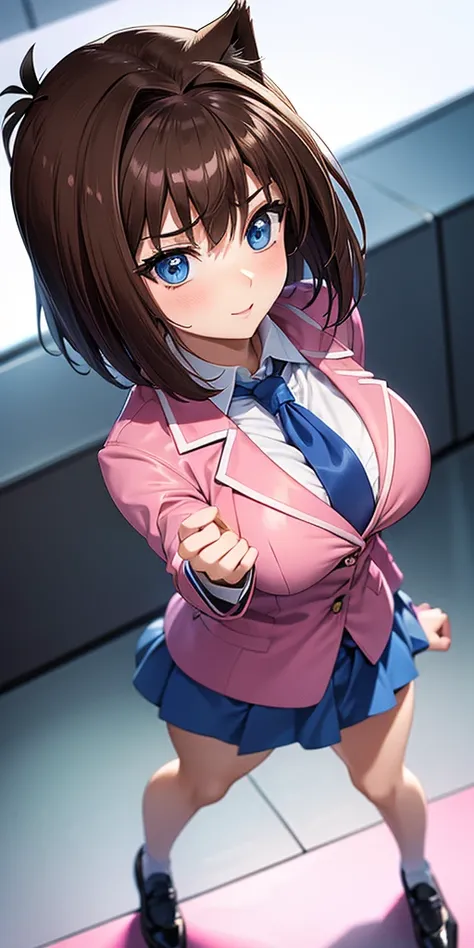      1 female,    High Definition,    dementia ,          ultra-realistic          ,8K, aamazaki, ( capillary antenna    :1.2),  blue tie,blue eyes, (     pink jacket), blazer,     Long Sleeve Leather   , blue skirt,      Skinny skirt     ,      miniskirt,...