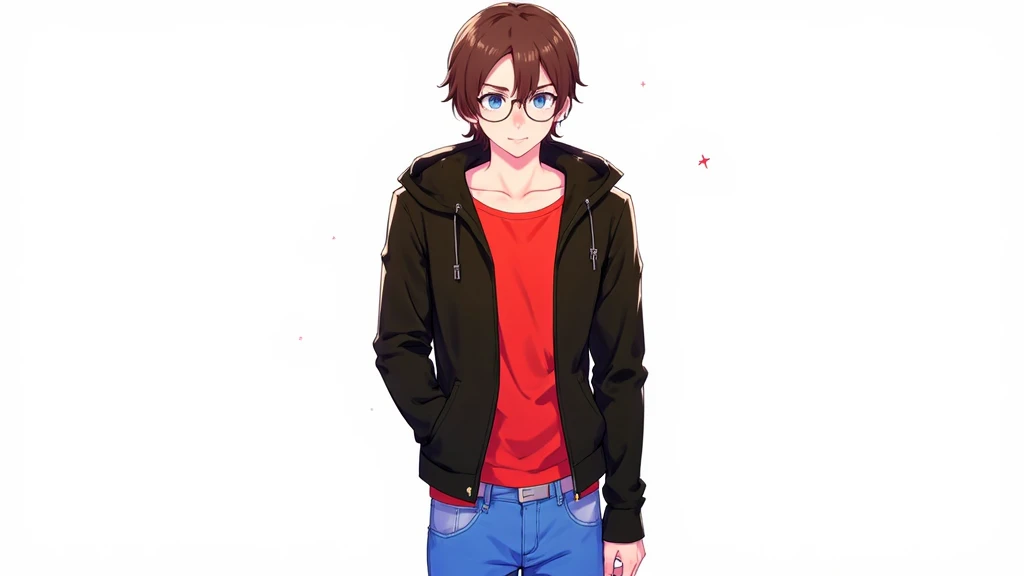 anime guy, with glasses, a black jacket, brown hair, red shirt