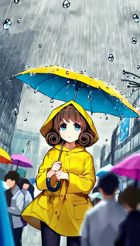 A sweet prompt! Here's a description of the image: A young girl, around , with curly brown hair and bright blue eyes, stands under a colorful umbrella on a rainy day. She's wearing a yellow raincoat and holding onto the umbrella's handle with both hands, h...