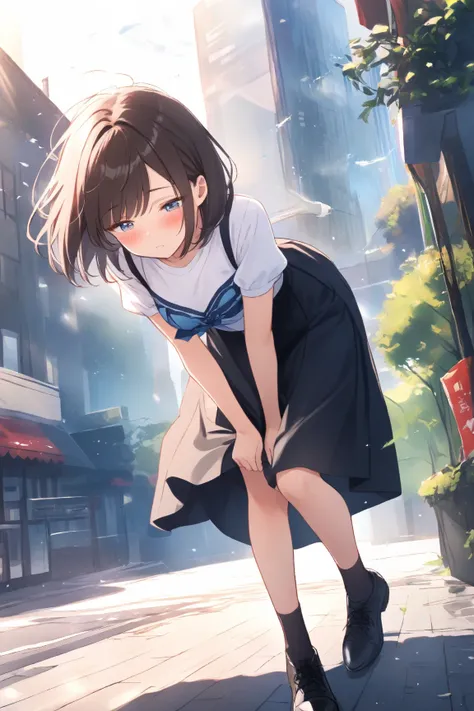 hold the skirt that flips up in the style with both hands、Young woman crouching、
blush、 hide my crotch with both hands、
wind-torn、 bob hair、（panties：race、white）、
fluffy knee-length skirt、in a city near a park with lots of greenery、
An artistic scene that c...