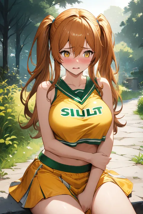 nsfw, 
granblue fantasy style, 
1woman, 25 years old, 
yellow eye, slit pupils, long eyes, embarrassed, looking afar, voyeur, 
orange brown hair, long hair down to the butt,  Bangs Between Eyes, (twintails), 
slim, large breasts, yellow cheerleader, 
slut,...