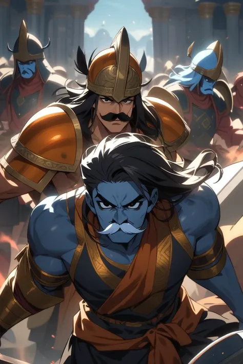 demons, hombres, high, strong, blue skin,  black eyes, They have a mustache ,  with black hair , they wear Hindu armor, they wear Hindu helmets, they use sword and shield.