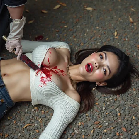 Gorgeous asian woman, with ponytail, hoop earrings, choker, huge oversized breasts that have large red liquid circle tips with tiny crop top white ribbed knit button down sweater that's been ripped open. She is lying on her back of floor of gravel ground. ...