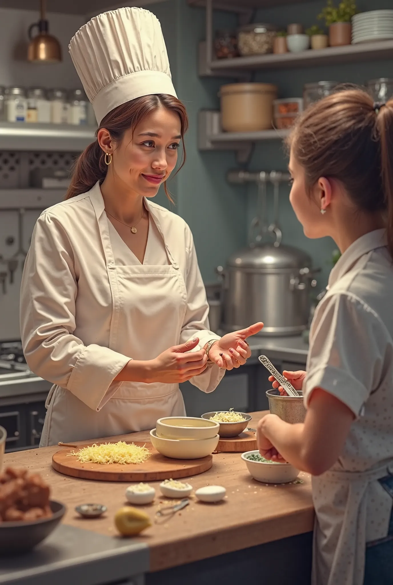 Of a woman in chef's clothing teaching her how to make a pudding