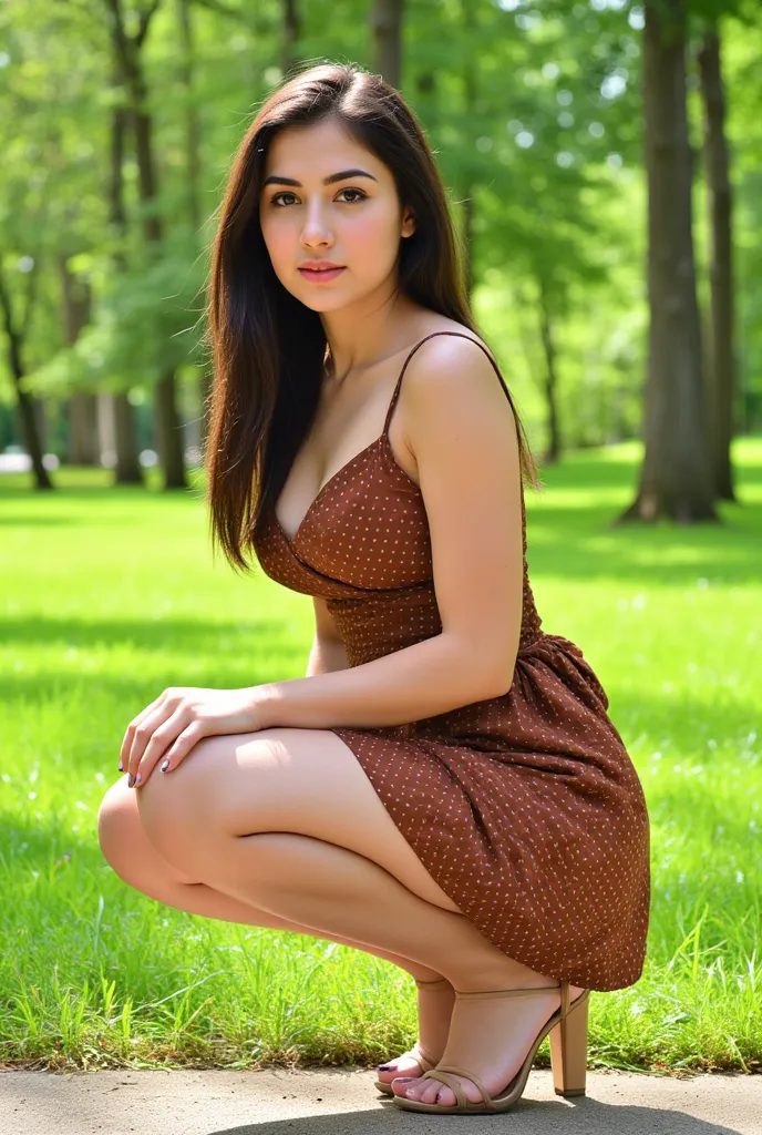 "A young woman with long, dark hair and a confident expression poses outdoors in a lush, green environment with tall trees and grass. She is wearing a brown, polka-dotted summer dress with a wrap-style design that accentuates her figure. The dress has thin...