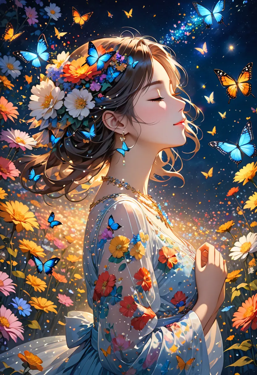 Masterpiece High Resolution Beautiful girl profile Transparent flowers approaching face with both hands Fantastic flower field Night Eyes closed

One girl, flowers blooming

Woman with star-shaped butterfly hair, surrounded by lights, one girl, insects, bu...