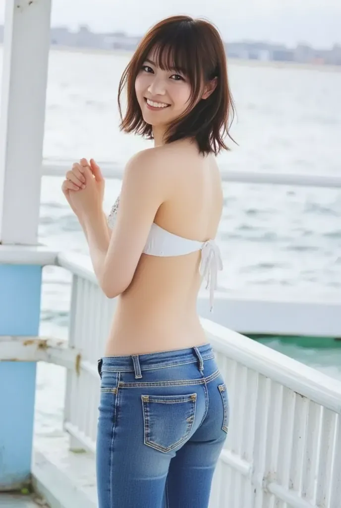 (masterpiece, best quality:1.2, global illuminated, Very realistic, high quality) A very beautiful and stylish gravure model, nanase, she Standing on the light blue and white balcony, see view at the sea. she smile open mouth look at fun, She put her hand ...