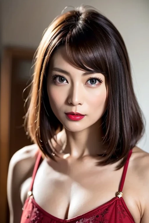 Beautiful Japanese woman, 1 person, Very cute and slim,  elegant style , 8k images,  Super Quality , Very delicate face,  Skin and Hair , red lipstick, short hair,  disheveled hair ,  gradient hair color ,  Blonde Hair, Very cute Japanese cut face, Eye nos...