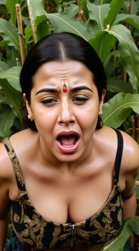 Top-down view,woman on her knees,looking into camera, surrounding inside corn field, black design cup bra,mouth wide open,red lips,eyelashes and eyeliner,blue lusty eyes,red bindi, mangalsutra,nosering, bridal makeup,wide open mouth,showing deep clevage, i...