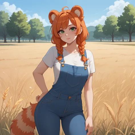 (Masterpiece) (High Detail) (High Res) A short curvy slim Humanoid red_panda Female with tanned human skin and bright green eyes and long braided orange hair and fluffy orange red_panda ears and a long fluffy red_panda tail and medium breasts. She is weari...