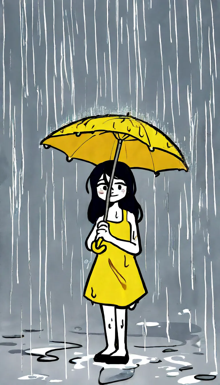 A young girl, drenched in rain, stands alone on a wet street, her bright yellow dress now darkened and clinging to her body. The gray sky above seems to match the gloomy mood she exudes. Suddenly, a gentle stranger appears, holding out a sturdy umbrella wi...