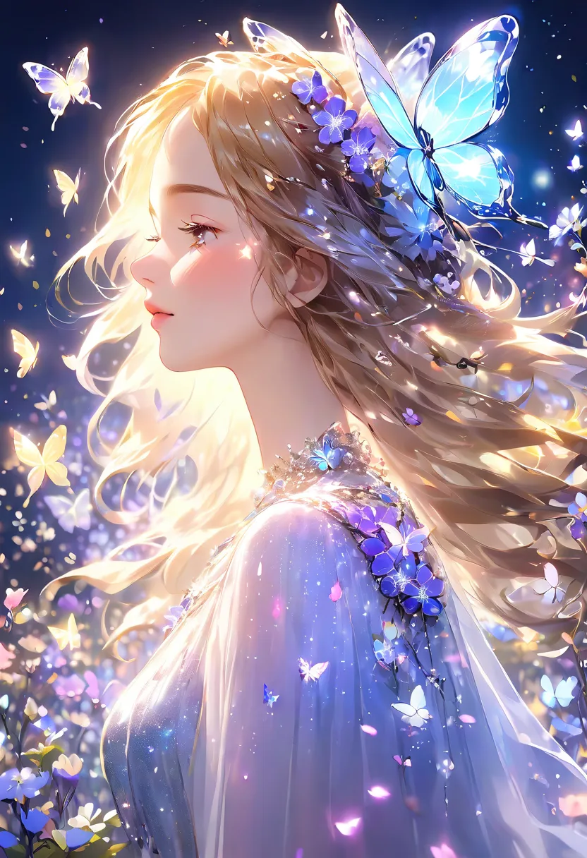 Masterpiece High Resolution Beautiful girl profile Transparent flowers approaching face with both hands Fantastic flower field Night Eyes closed

One girl, flowers blooming

Woman with star-shaped butterfly hair, surrounded by lights, one girl, insects, bu...