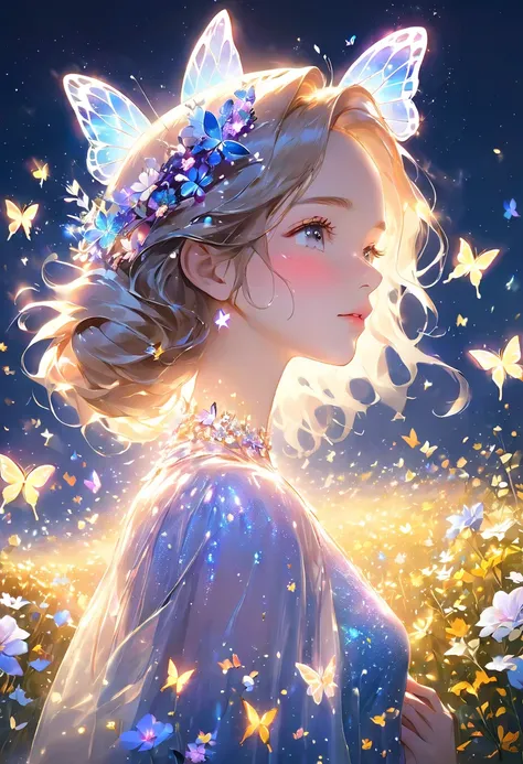 Masterpiece High Resolution Beautiful girl profile Transparent flowers approaching face with both hands Fantastic flower field Night Eyes closed

One girl, flowers blooming

Woman with star-shaped butterfly hair, surrounded by lights, one girl, insects, bu...