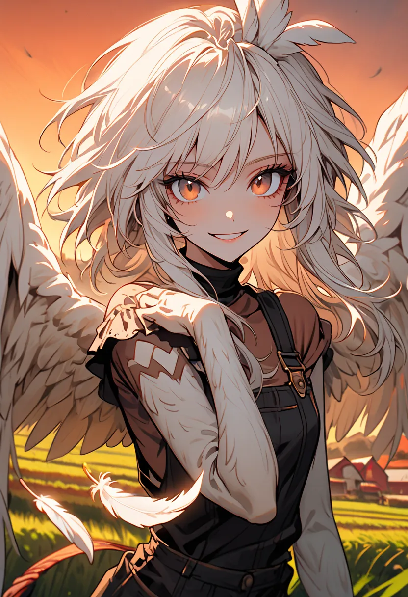 solo, female, farm, harpy girl, chicken girl, white feathers, long white hair, red rooster comb, dawn, simple clothes, overalls, wide smile, wing arms, midriff, cow looking at viewer, Victorian, feathered wings, close up, winged arms