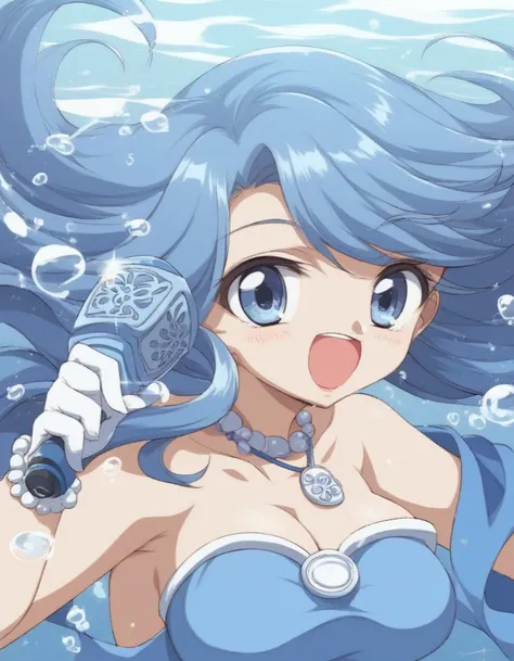 safe_pos, score_9,score_8_up,score_7_up, source_anime, 1girl, solo, noel, blue hair, long hair, blue eyes, tight dress, white gloves, off shoulder, bare shoulder, shell necklace, wrist jewelry, holding microphone, singing, big breasts, standing, sexy body,...