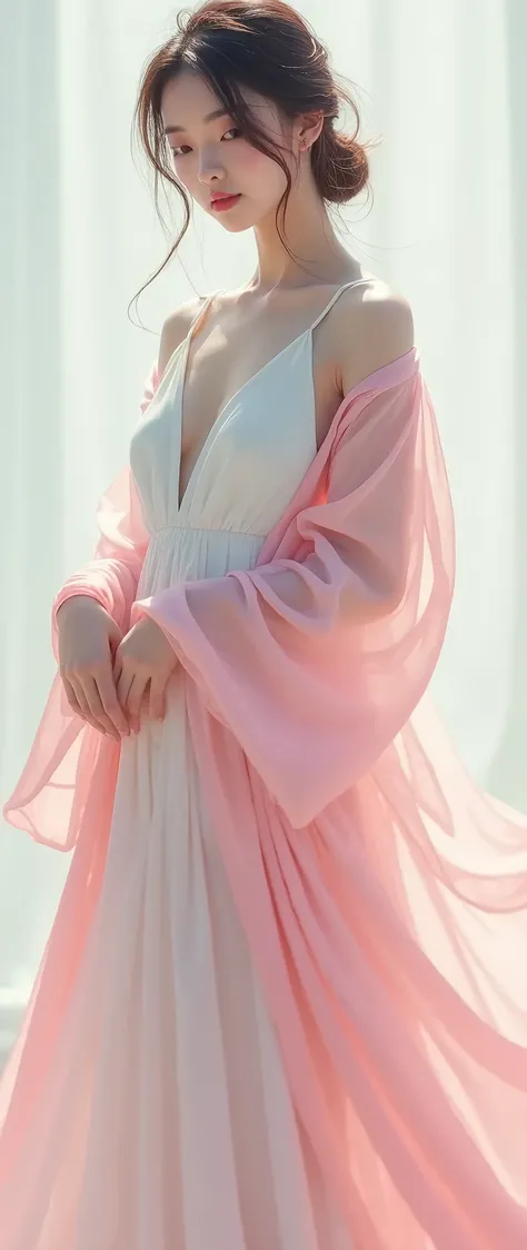 A Korean girl who looks like Won-young, Have dazzling white skin, Wearing a white dress and pink robe, I have a long, Dissemination., UHD, masterpiece, highres, 16k