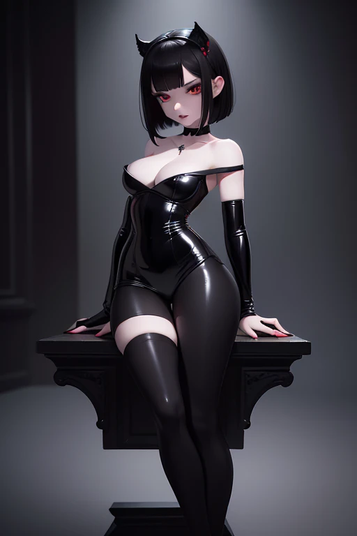 ( High quality: 1.3),  masterpiece, (sharp focus: 1.5), full body portrait of (a beautiful young sexy woman ,  pale skin,  Gothic, still proud and fierce, Short black straight bob hair, dark look, dressed in a highly detailed red latex dress and minimalist...