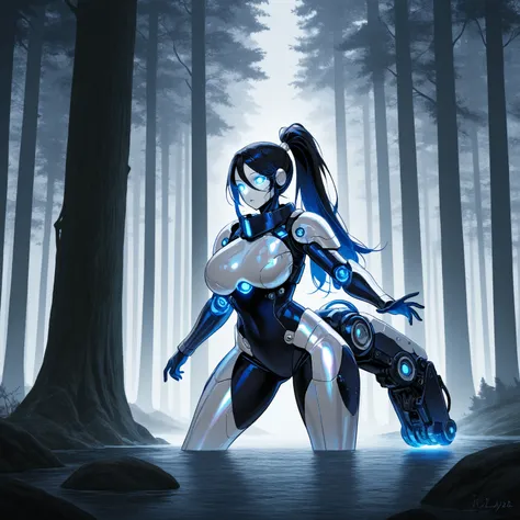 "Lydia, Robotic white skinned woman, Black Long Ponytail, Voluptuous Build, wearing Navy Blue and White Light Exploration Armor , iridescent Blue glowing glass eyes, Exploring a Forest on Foggy Day