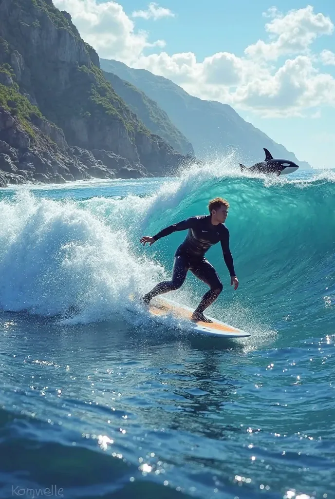 An image written by Restinga surf and an orca in the background
