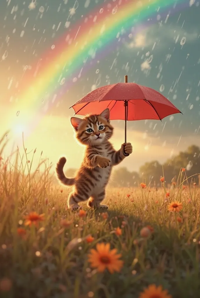 The cutest brown tiger kitten in the world dancing while holding an umbrella in the prairie after the rain、((realistic:1.3))、in the background is a big rainbow hanging over the sky、Beautiful, soft sunlight reflecting off raindrops、 cinematic lighting、It's ...