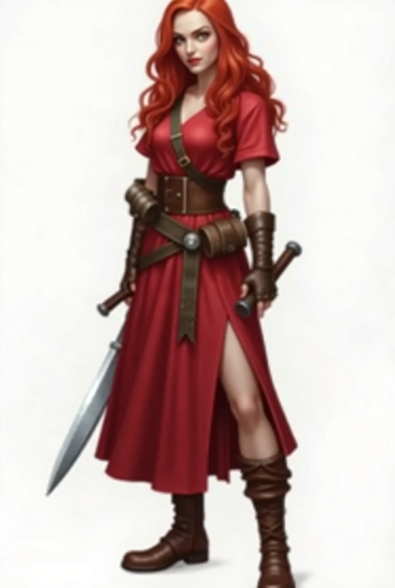 My RPG character D&D is an alpha redhead with long and wavy hair, red eyes and pale skin. She wears a red dress with an upper neckline and a slit that reveals her leg, where she carries a square dagger. She wears a utility belt with a book and a wand. Her ...