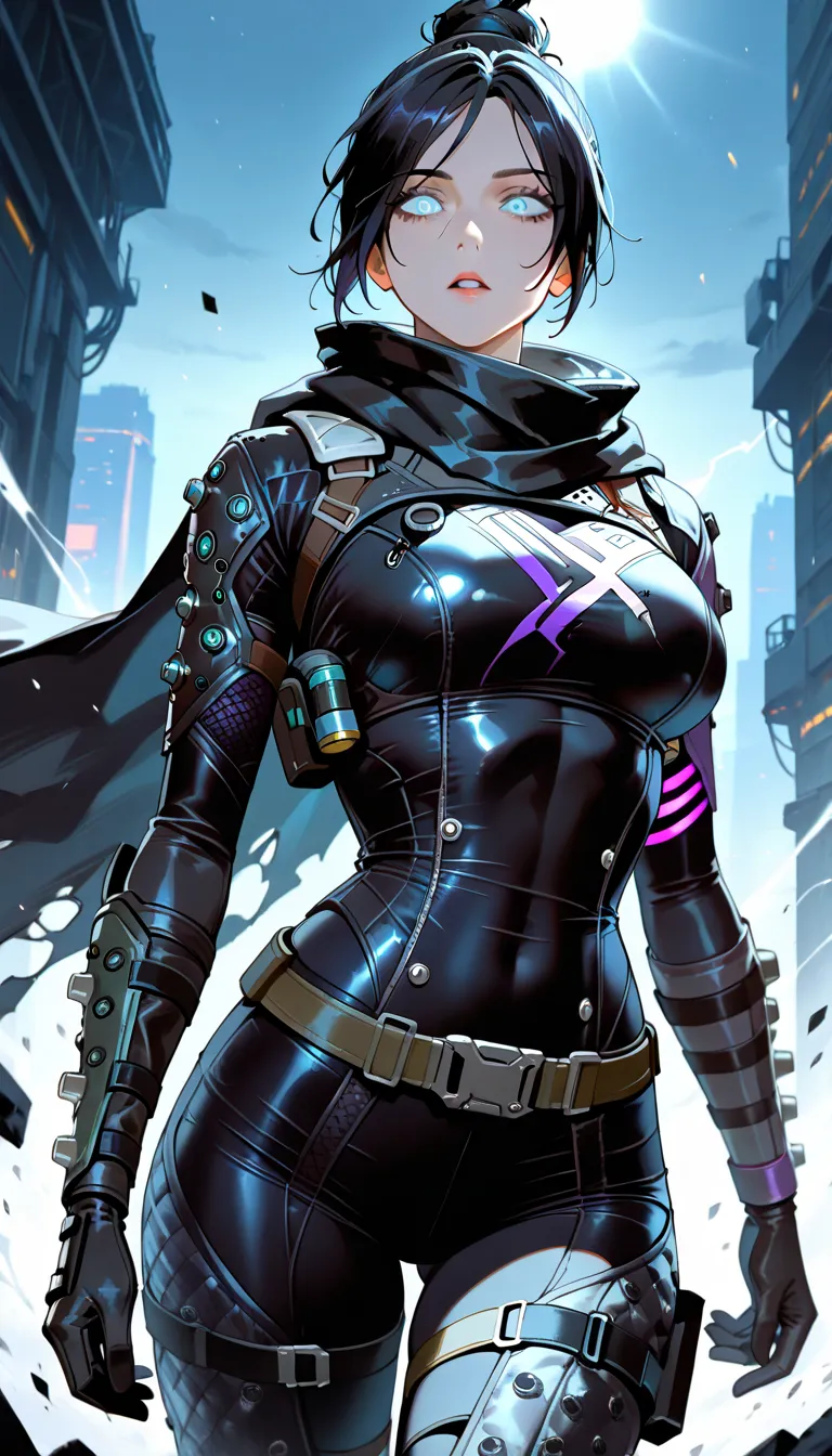 1girl, solo, wraith, wraith from Apex Legends, masterpiece, highly detailed, blue eyes, detailed eyes, expressive detailed eyes, wide eyed, detailed pupils, black hair, short hair, single hair bun, jacket, short cape, futuristic light body armor, skintight...