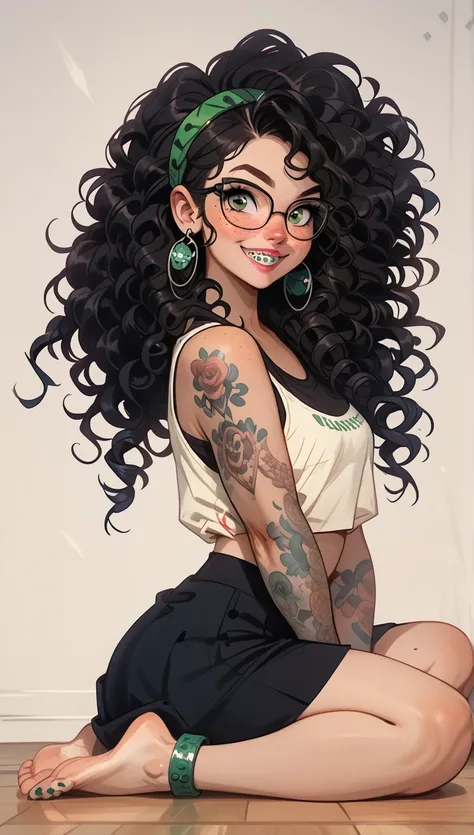 score_9, score_8_up, score_7_up, score_6_up, female, solo, nerdy, quirky, green eyes, perfect face, perfect body, black curly hair, hair band, glasses, freckles, braces, smiling, bashful, earrings, tank top, painted fingernails, arm tattoos, short pencil s...