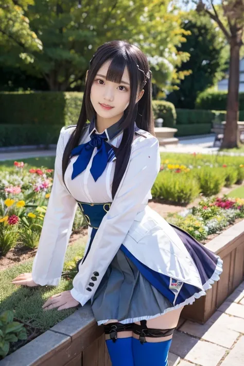 like an idol , long hair, straight hair , round face , bust up ,,medium breasts, masterpiece, TOP QUALITY, high resolution, lh1, hair ornaments close to the garden, thigh high socks,  long hair,  black hair, Long Sleeve, pleated skirt, blue thigh high sock...