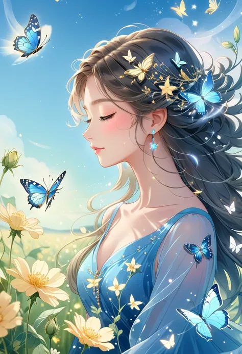 Masterpiece High Resolution Beautiful girl profile Transparent flowers approaching face with both hands Fantastic flower field Eyes closed
Blue sky,
Woman with star-shaped butterfly hair, surrounded by lights, One girl, Butterfly, Eyes closed, Solo, Jewelr...