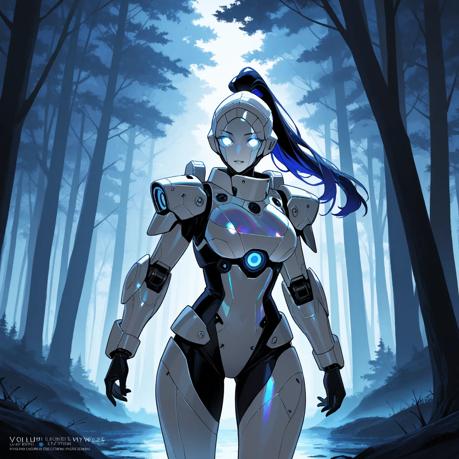 "Lydia, Robotic white skinned woman, Black Long Ponytail, Voluptuous Build, wearing Navy Blue and White Light Exploration Armor , iridescent Blue glowing glass eyes, Exploring a Forest on Foggy Day