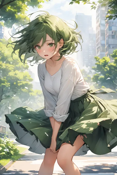 (and the skirt rolled up due to a sudden gust of wind、I grabbed the skirt with both hands in a hurry、Woman trying to press it against her thigh)
wind-torn、 bob hair、、
fluffy knee-length skirt、in a city near a park with lots of greenery、
In the city near a ...