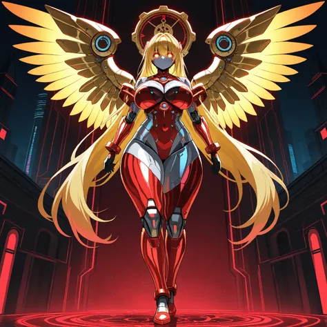 Clockwork Female Angel, Red Metallic Mechanical Angel Wings (6 foot Wingspan), Stainless Steel skinned , Long Flowing Golden Hair, Voluptuous Build, wide hipped, thick thighs, iridescent Red glowing glass eyes, standing in a cyberpunk clock tower