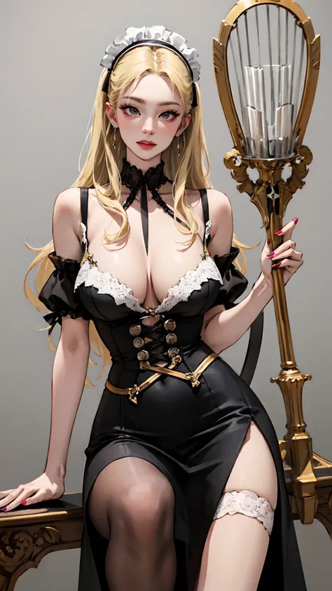 ( masterpiece:1.2, need), (Real shot, Exquisitely carved),  big natural breasts , 1 Female, blond hair, long hair, Sexy Sheer Plunging Deep V Provocative Maid Outfit, short micro skirt, high heel sandals, Manicure