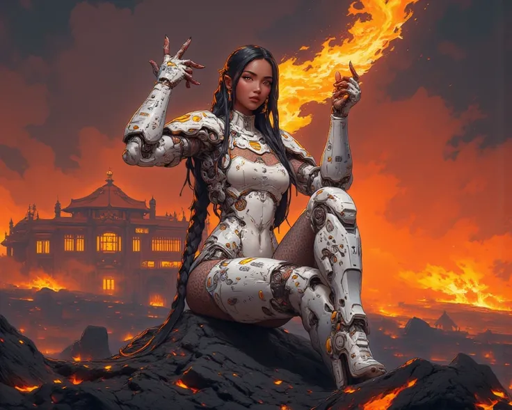 - Main Character, "Javanese" Adult Woman, Beautiful, tall, long legs, Long Braided Hair.
Body full of Traditional tattoos. (The details and colors of the tattoos are very clear)

- Wearing a costume ("Full Sexy Armor").
Chest and Thigh Armor are slightly o...