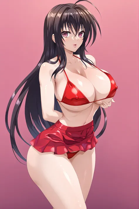  high school dxd, Raynare, 1 girl, ((bimbo ))), long black hair,  purple eyes,  puffy lips,  painted lips,  Thick lips , wide hips,  thick thighs ,  huge fake breasts , huge ass, erotic face ,  bikini black, perky breasts ,  shiny skin, tight breasts, enor...