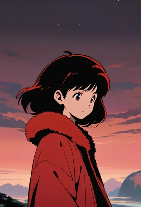 ghibli, simple illustration of a woman wearing a cozy red coat, sci-fi, anime style