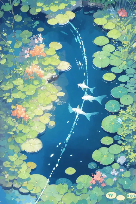  poolには睡蓮の葉があります, , In the pond, Water Light Causality,  pool,  fish are swimming，Top view, garden, Overhead Shot, pond of water ,  shot from above ,  Clear Days ,  floating objects 