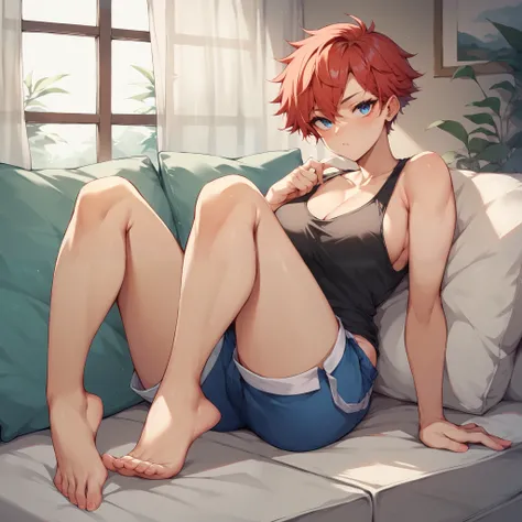 an older tomboy with red hair and blue eyes. she is wearing blue shorts and black tank top. she is showing off her feet while sitting on a couch