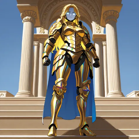 Robotic Female Roman Legionnaire, Long Golden Hair, Iridescent White Glowing Eyes, wearing Dark Red Futuristic Lorica Segmentata Armor with Gold Accents, Grasping a Steel Gladius with Gold Accents in her right hand, standing in front of the the Parthenon i...