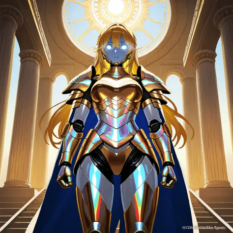 Robotic Female Roman Legionnaire, Long Golden Hair, Iridescent White Glowing Eyes, wearing Dark Red Futuristic Lorica Segmentata Armor with Gold Accents, Grasping a Steel Gladius with Gold Accents in her right hand, standing in front of the the Parthenon i...