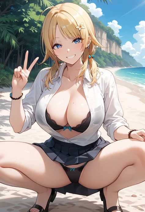 hachimiya meguru, 1girl, blonde hair, low twintails, long hair, blue eyes, huge breasts, open white shirt, show black bra, skirt, show panties, squatting, spread legs, smile, peace sign, looking viewer, from front, ocean, sandy, clear sky, tree, outdoor, m...